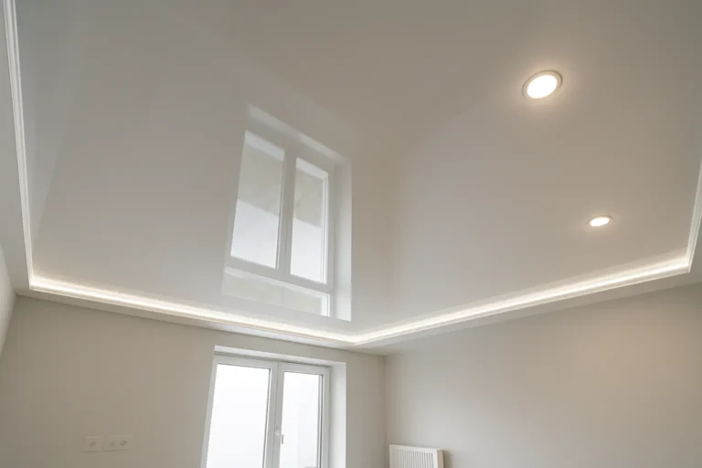 Глянцеві натяжні стелі у світлій кімнаті з відображенням інтер’єру на поверхні стелі