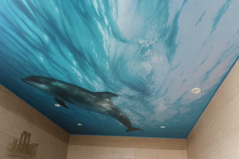 Натяжна стеля з кольоровим фотодруком неба у світлій кімнаті для візуального розширення простору