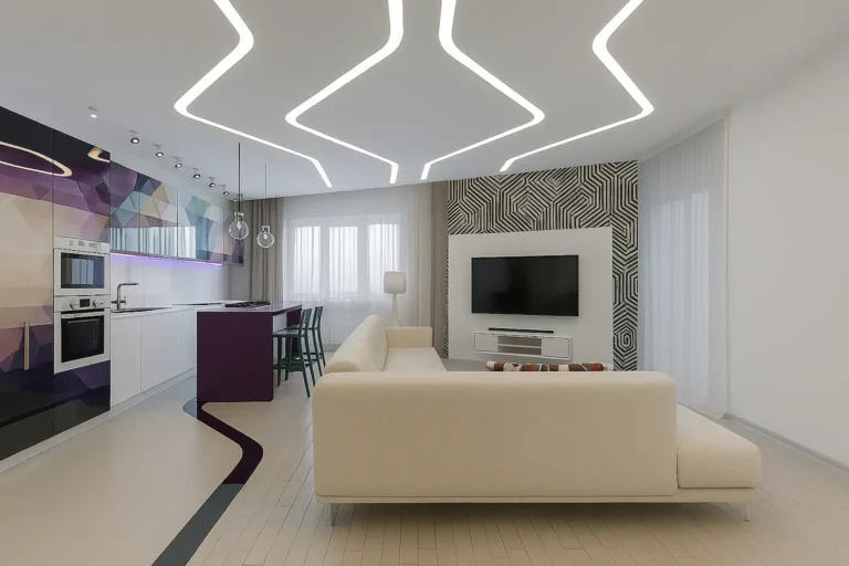 Натяжна стеля з вбудованими світловими лініями у сучасному інтер’єрі з підсвіткою по всій довжині стелі