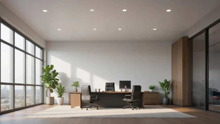 Просторий сучасний офіс з білою матовою натяжною стелею, що створює робочу атмосферу без відблисків.