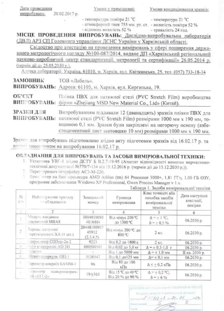 Технічна сторінка протоколу ДСНС, що підтверджує випробування плівки ПВХ від виробника MSD (Zhejiang MSD New Material). ✓ Це гарантія, що stelja.com.ua використовує оригінальні та сертифіковані матеріали для ваших натяжних стель.