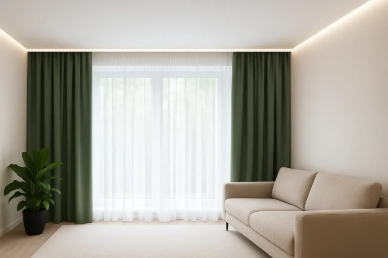 Прихований карнизи для штор у світлій сучасній вітальні з білою стелею