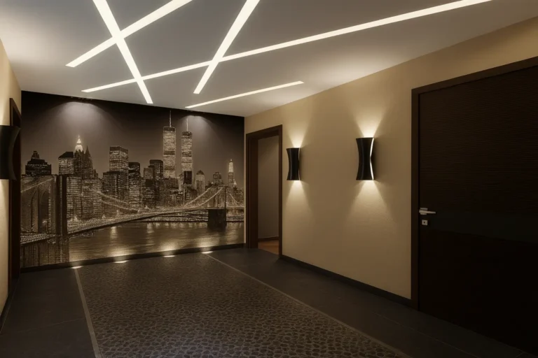 Світлові лінії на стелі у сучасному коридорі з декоративним підсвічуванням