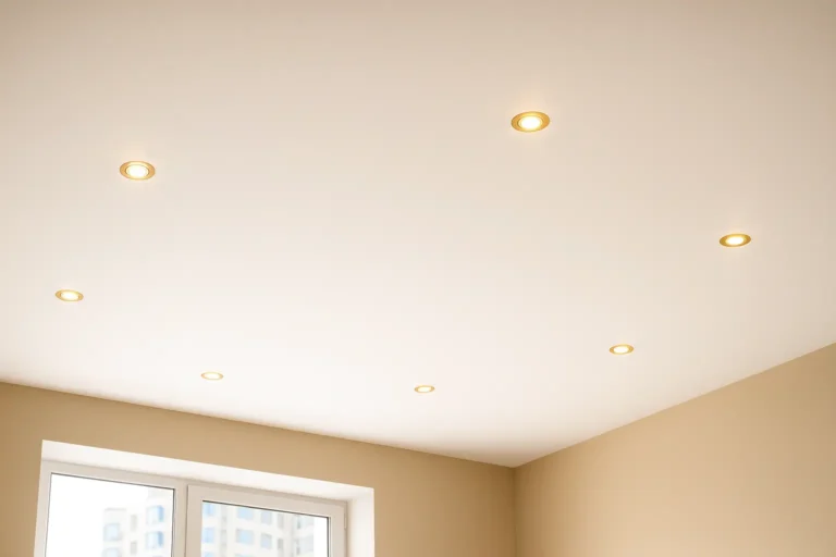 Матова натяжна стеля теплого відтінку з шістьма точковими світильниками у світлій кімнаті.