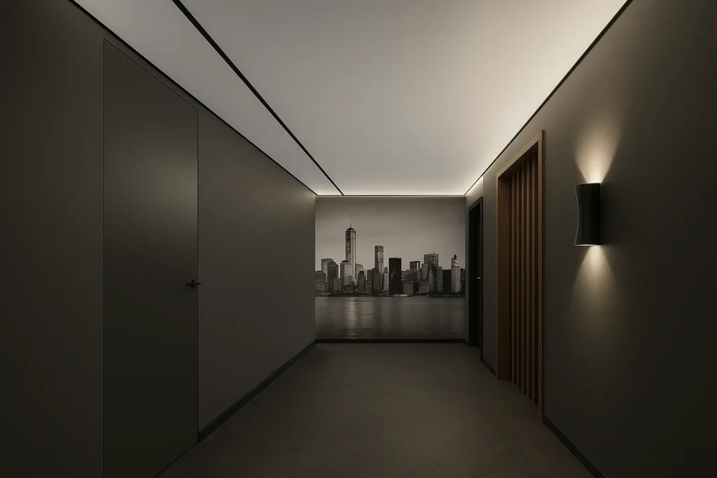 Тіньові натяжні стелі у сучасному коридорі з прихованим підсвічуванням і темними стінами в мінімалістичному стилі.