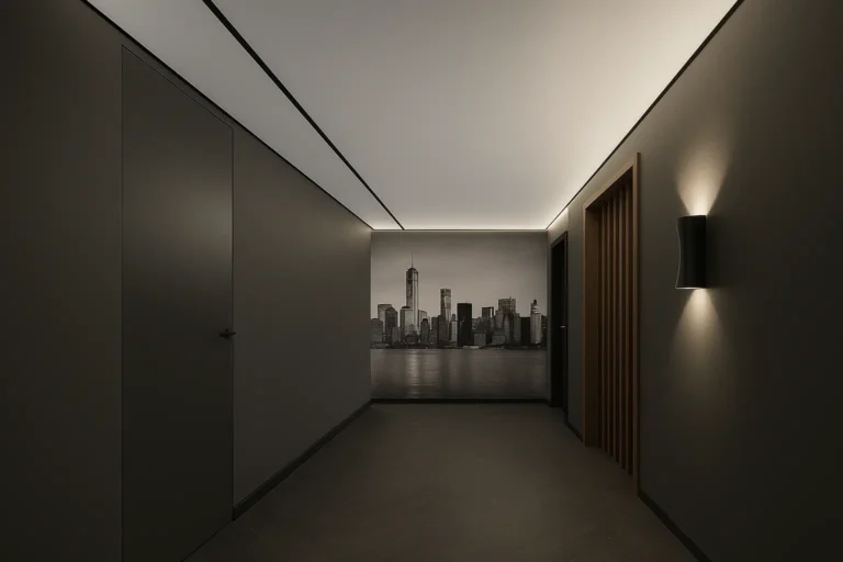 Тіньові натяжні стелі у сучасному коридорі з прихованим підсвічуванням і темними стінами в мінімалістичному стилі.