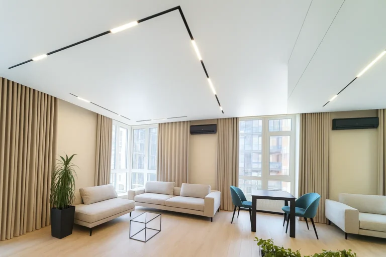 Трекові системи освітлення у світлій сучасній вітальні з панорамними вікнами та мінімалістичним інтер’єром.