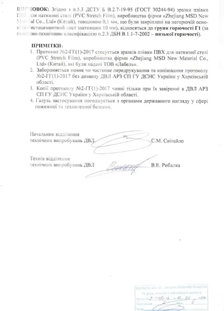 Сертифікат пожежної безпеки ДСНС, що підтверджує клас горючості Г1 (не підтримує горіння) для ПВХ плівки MSD.